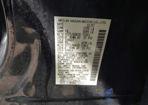 2008 Infiniti Qx56 z USA, uszkodzony, nr VIN 5N3AA08C38N906399